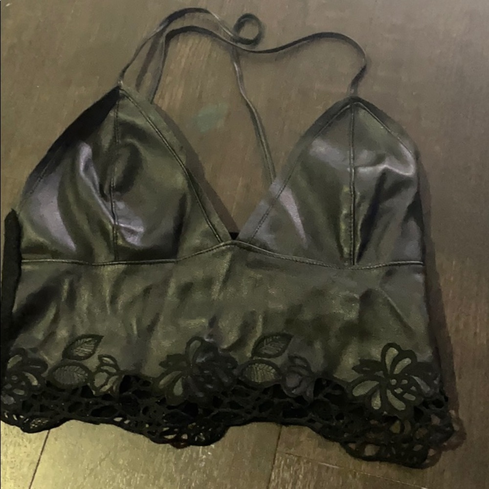 Black faux leather mix crop